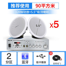 先科S1-5蓝牙吸顶喇叭套装天花板音响吊顶音箱家用3D环绕背景音乐功放嵌入式商场店铺餐厅装修有线广播 5个5.5寸吸顶喇叭+两分区蓝牙功放