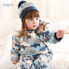 aqpa 婴儿冬季鹅绒带帽防滑羽绒服男女宝宝加厚保暖连体衣爬爬服 蓝色叠峦云朵 73cm