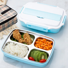 餐将军 304不锈钢保温饭盒 带盖便当盒中小学生分格防烫饭盒密封快餐盒 304不锈钢饭盒【蓝色4格】配便当包无餐具
