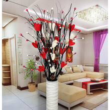 叶脉干花客厅落地假花仿真干枝插花干花大牡丹居家新房装饰 白+红含瓶