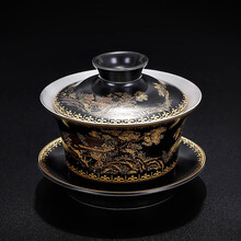 恒铭昌珐琅彩三才盖碗茶杯手工鎏银陶瓷泡茶碗功夫茶具纯银敬茶杯 黑金釉山水鎏银盖碗