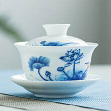 泥徒 玲珑盖碗大号青花陶瓷杯白瓷三才碗杯敬茶碗功夫茶具泡茶壶 【露珠荷花】盖碗210ml