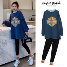 奕雅轩孕妇装春装新款时尚套装宽松大码上衣长袖孕妇连衣裙托腹打底裤春秋季孕妈两件套 蓝色上衣 M