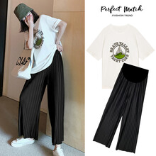 苒祺祺孕妇套装夏季时尚新款九分裤子+T恤两件套宽松潮妈两件套夏装 白色上衣+黑色裤子 XXL