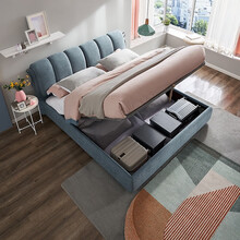 全友家居 床现代简约双人床 双区独立软靠软包可全拆洗布艺床1.8米高箱储物床105195A 浅蓝高箱布床