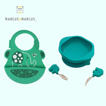 MARCUS&MARCUS marcus 马库狮儿童餐具饭兜 宝宝防水硅胶围兜 婴儿围嘴口水巾罩衣 （围兜+训练叉勺碗）-绿色