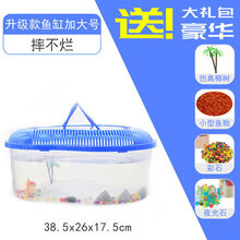 塑料鱼缸透明仿玻璃小型鱼盒家用小金鱼缸手提带盖防摔桌面儿童小金鱼缸手提带盖防摔桌面儿童客厅养鱼 加大号+彩石+夜光石+仿真椰树+小型鱼粮