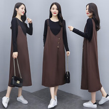 丁唯唯孕妇装春秋装时尚外穿孕妈装春秋季两件套套装宽松舒适孕妇裙修身显瘦孕妇连衣裙春款T桖+背带裙 咖色 M