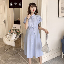 蝶诗璐 孕妇夏装2021时尚圆领绣花收腰条纹裙宽松中长款孕妇连衣裙潮孕妈装 天蓝色 L