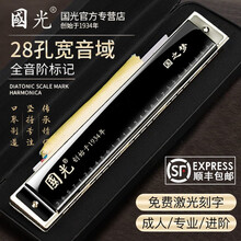 进口音簧 上海国光口琴24/28复音C调重音口琴高级成人初学者成人男入门专业演奏级乐器 殿堂级黑色音标款-28孔重音C调+【全套赠品】