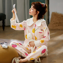 月子服秋冬季纯棉孕妇睡衣夹层三层空气棉产后哺乳睡衣产妇喂奶衣棉加厚保暖坐月子哺乳衣孕妇家居 HY-B008水果花朵纯棉夹层 M码【建议90-115斤】