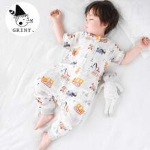 Griny格里尼婴儿纱布睡袋夏季薄款宝宝2层竹棉短袖分腿儿童空调房防踢被 推土车和挖掘机（2层纱布，酷夏凉款） XL码/衣长100cm建议身高100-120cm