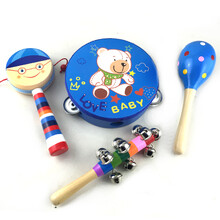 曲漾 玩具卡通制玩具拨浪鼓木质手摇鼓摇铃0-1岁儿童宝宝 蓝白熊拨浪鼓 四件套