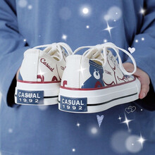 蓓尔帆布鞋女学生涂鸦板鞋2021新款国潮休闲鞋女ins手绘潮鞋 8951米色 38