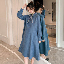 郁莎 孕妇裙2021秋装新款时尚蝴蝶结网红连衣裙过膝长款潮妈孕妇装 蓝色 L