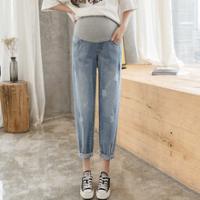 孕妇裤子春秋外穿牛仔裤宽松阔腿裤春夏季薄款老爹裤潮妈春装夏装 蓝色 L