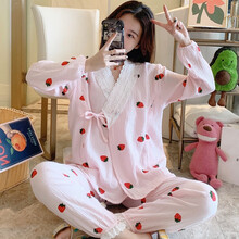 回访人春夏季薄款纯棉纱布透气吸汗孕妇睡衣产后哺乳月子服2月份3春秋服 A和服粉草莓 女款XXL码 150-170斤