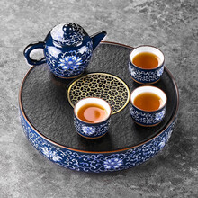 领艺趴花珐琅彩乌金石茶盘中式家用小号储水茶海功夫茶托盘不含茶具 霁蓝宝相花乌金石茶盘(白)彩盒装