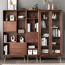 书柜带门北欧全实木组合书柜简约现代黑胡桃木书橱带玻璃门收纳置物柜落地 定制专拍 0.8-1米宽