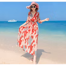 MOSHE沙滩裙海边旅游度假碎花连衣裙女夏季新款韩版显瘦遮肚旅行三亚巴厘岛雪纺波西米亚长裙 红色 XL