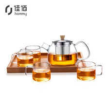 佳佰 玻璃茶具整套一壶四杯一茶盘 泡茶壶煮茶器加厚耐热耐高温烧水过滤茶壶办公功夫茶杯 600ml
