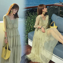 敏潮格伦孕妇装夏装连衣裙夏款超仙气质洋气网红夏天雪纺长款裙子潮妈 绿色(送吊带) XXL