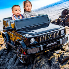 益京大号双座奔驰授权大G婴儿童电动车四轮双人越野遥控玩具汽车可坐人男女小孩宝宝四驱摇摆车电瓶车 长续航黑+双大电瓶+软轮+四驱皮座+高配全部功能