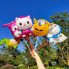 稚气熊 迷你卡通 手持棒地推铝膜气球装饰儿童生日派对布置礼玩具气球 中号卡通夹片气球50个带杆子