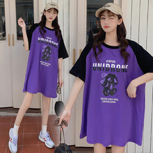 敏潮格伦大码孕妇短袖T恤女宽松夏季上衣中长款拼色夏装休闲半袖体恤衫 紫色(小熊) 3XL