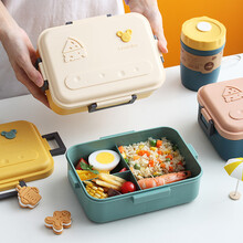 麦轩 韩式学生饭盒大容量男生上班族带饭可微波炉专用加热小学生分隔型卡通可爱小清新便当盒 黄绿色 1200ml