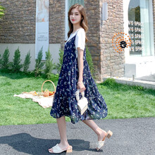 铱秀尔~孕妇连衣裙夏装时尚短袖T恤百搭宽松碎花雪纺裙子夏季潮妈两件套装 T恤+吊带裙（2件套） M码 90-110斤