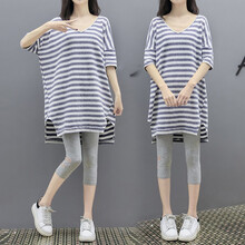 南叮雅格孕妇装夏装连衣裙2021时尚潮妈中长款宽松上衣新款网红洋气条纹体恤孕妇两件套装夏天裙子 单件条纹上衣 L