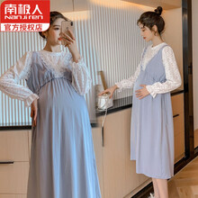 南极人专柜品质孕妇春装连衣裙大码2021春秋新款网红洋气时尚孕妈装蕾丝拼接裙子套装款装季宽松高端好质 蓝色连衣裙 M