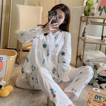 十月结晶同款 月子服夏季薄款纯棉纱布产后哺乳喂奶睡衣怀孕期宽松7-8月份夏天9 蕾丝V领小盆栽白色 L