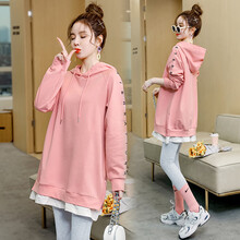 孕妇装春秋装2021新款卫衣时尚款孕妇上衣春装韩版休闲潮妈T恤打底衫大码女 粉色上衣 M【建议90-115斤】