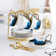 友来福 海底世界创意陶瓷咖啡杯套装 奶泡杯下午茶茶具便携4杯6杯碟礼盒装 海底世界6杯碟礼盒装