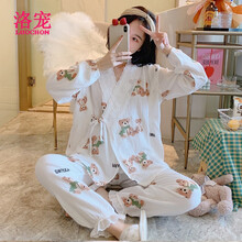 洛宠月子服夏薄款产后孕妇睡衣春秋纯棉纱布3月份4哺乳家居服春夏季5 AB-A1015#和服纱布白围巾熊 2XL码  150-170斤