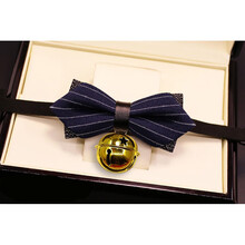 宠物猫狗英伦风复古绅士领结铃铛蝴蝶结项圈猫狗狗饰品 藏蓝条纹【亮金五星铃】 M号