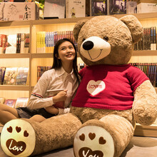 大型玩偶棕熊毛绒玩具可爱超萌睡觉抱枕公仔女生抱抱熊超大号床上儿童安抚玩偶送女孩七夕情人节生日礼物 灰色卡其+爱心毛衣玫瑰熊 不掉毛 全长1.0米【冲量促销 】