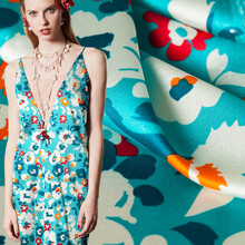 煊缎 真丝弹力缎布 夏日清新蓝底花布印花桑蚕丝夏日吊带裙服装面料