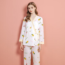 乔月纱布月子服夏季薄款孕妇睡衣产后棉柔透气哺乳家居服套装女 刺绣菠萝 L码