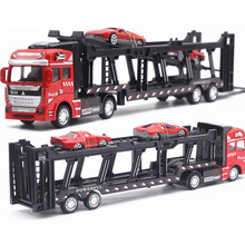 中麦微 汽车运输车 合金回力集装箱货柜双层平板车拖头大卡车轿运车油罐车模型男孩儿童玩具生日礼物 红色合金车头 车辆运输车（配2辆小汽车）