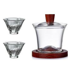 福雁坊 日式玻璃三才盖碗家用办公泡茶器耐热防爆中式透明敬茶碗功夫茶具单个泡茶碗盖杯 高挑木山玻璃盖碗+2杯[花语茶杯]