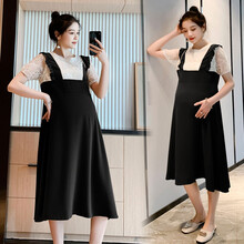 南叮雅格 孕妇装夏装蕾丝拼接连衣裙夏潮妈2021假两件孕妇裙夏天时尚裙子夏季中长裙潮 黑色 M