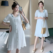 幸孕佳儿 孕妇装2021夏季新款韩版时尚清新减龄娃娃领刺绣拼接大裙摆中长款裙子潮妈宽松遮肚孕妇连衣裙 白色 M