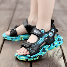 巴邦豆男童凉鞋2021夏季新款儿童鞋子中大童露趾防滑小学生软底透气男孩沙滩鞋 黑绿 36码鞋内长23.1CM