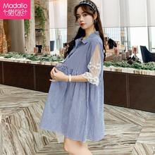 莫代尔 Madallo 2021秋季新款孕妇连衣裙休闲宽松孕妇装秋季裙子蕾丝袖衬衣裙蓝色L
