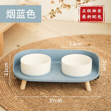 美人喵 陶瓷猫碗宠物双碗猫狗盆食盆防打翻防外溅粮碗猫咪水碗猫咪用品 月半双碗-烟蓝色
