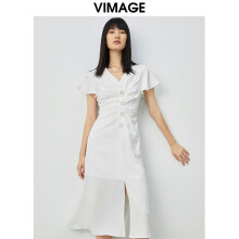 纬漫纪（VIMAGE）春季新款商场同款高级感气质短袖连衣裙百搭V领a字裙V1307940F 白10 1/S