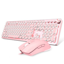 牧马人K100粉色少女机械键盘鼠标套装有线外接台式电脑复古电竞游戏键鼠笔记本耳机三件套网红吃鸡外设 樱花粉白光-青轴【朋克版】+M1粉色静音鼠标
